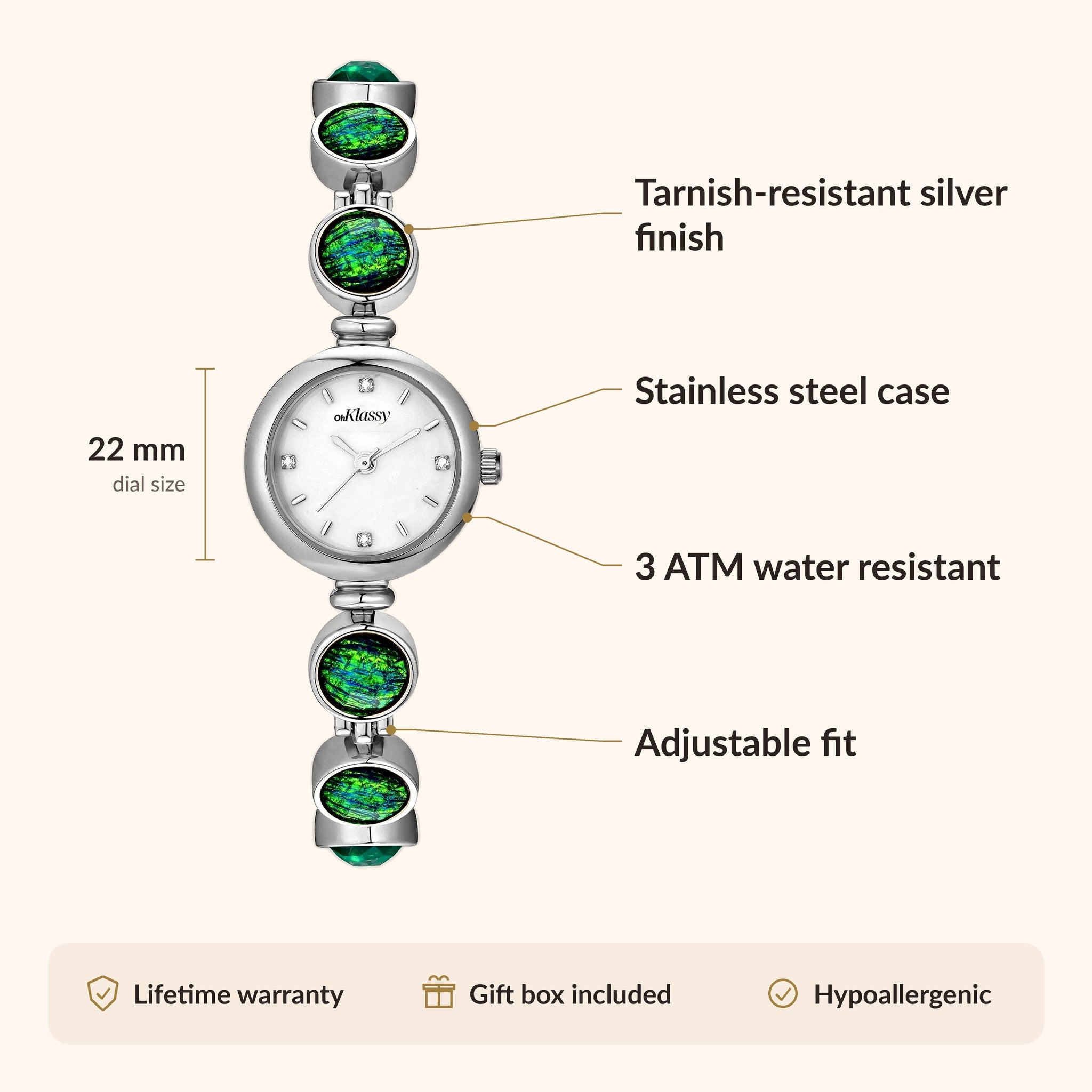 Montre pour femme OhKlassy Calypso Silver d'inspiration vintage : infographie sur les dimensions et les caractéristiques