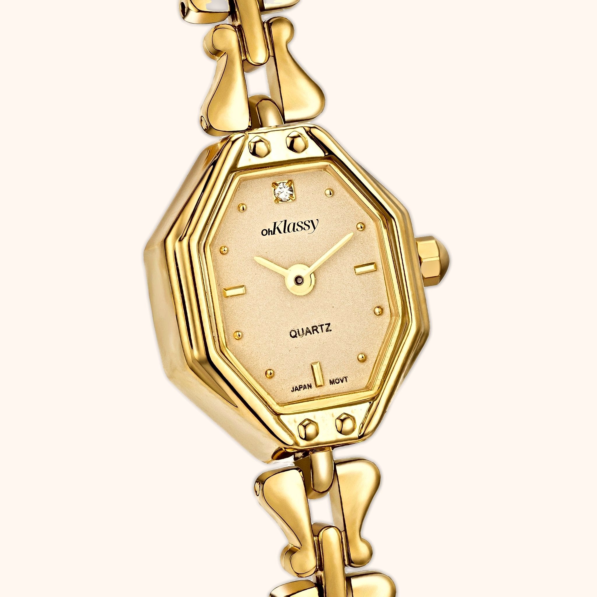 OhKlassy Celeste Gold women's vintage-inspired watch, dial close-up