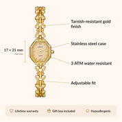 OhKlassy Celeste Gold women's vintage-inspired watch, size and features infographic
