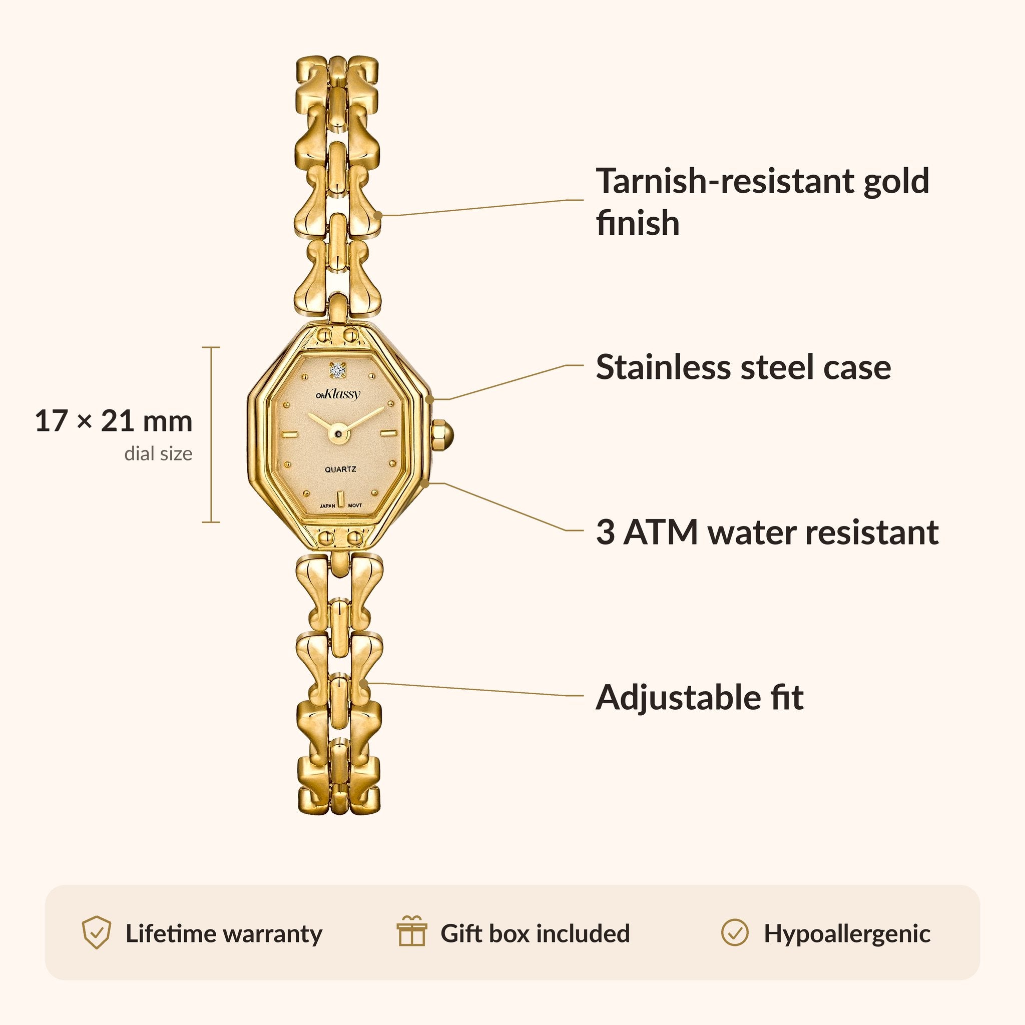 OhKlassy Celeste Gold women's vintage-inspired watch, size and features infographic