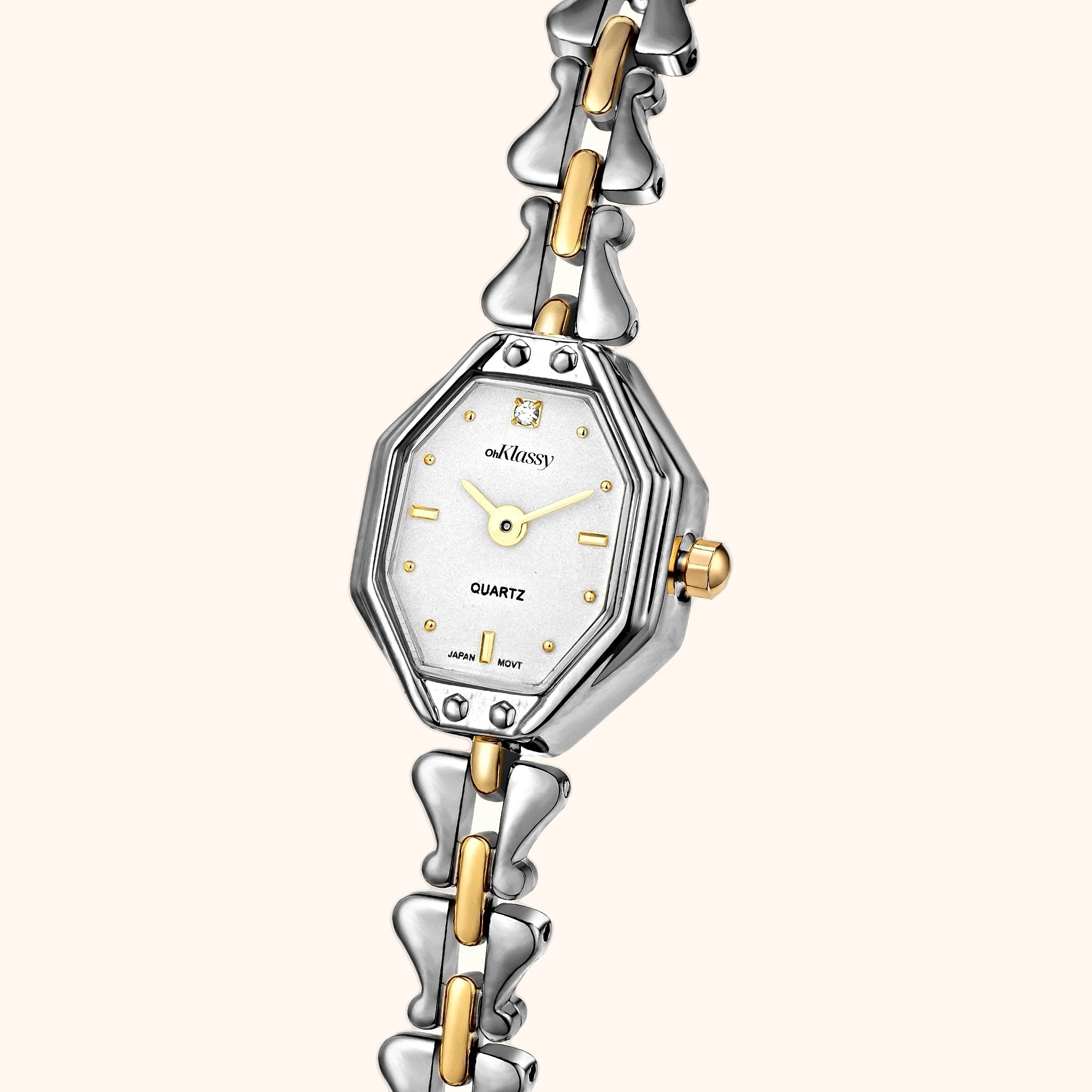 OhKlassy Celeste Two-Tone women's vintage-inspired watch, angled side view