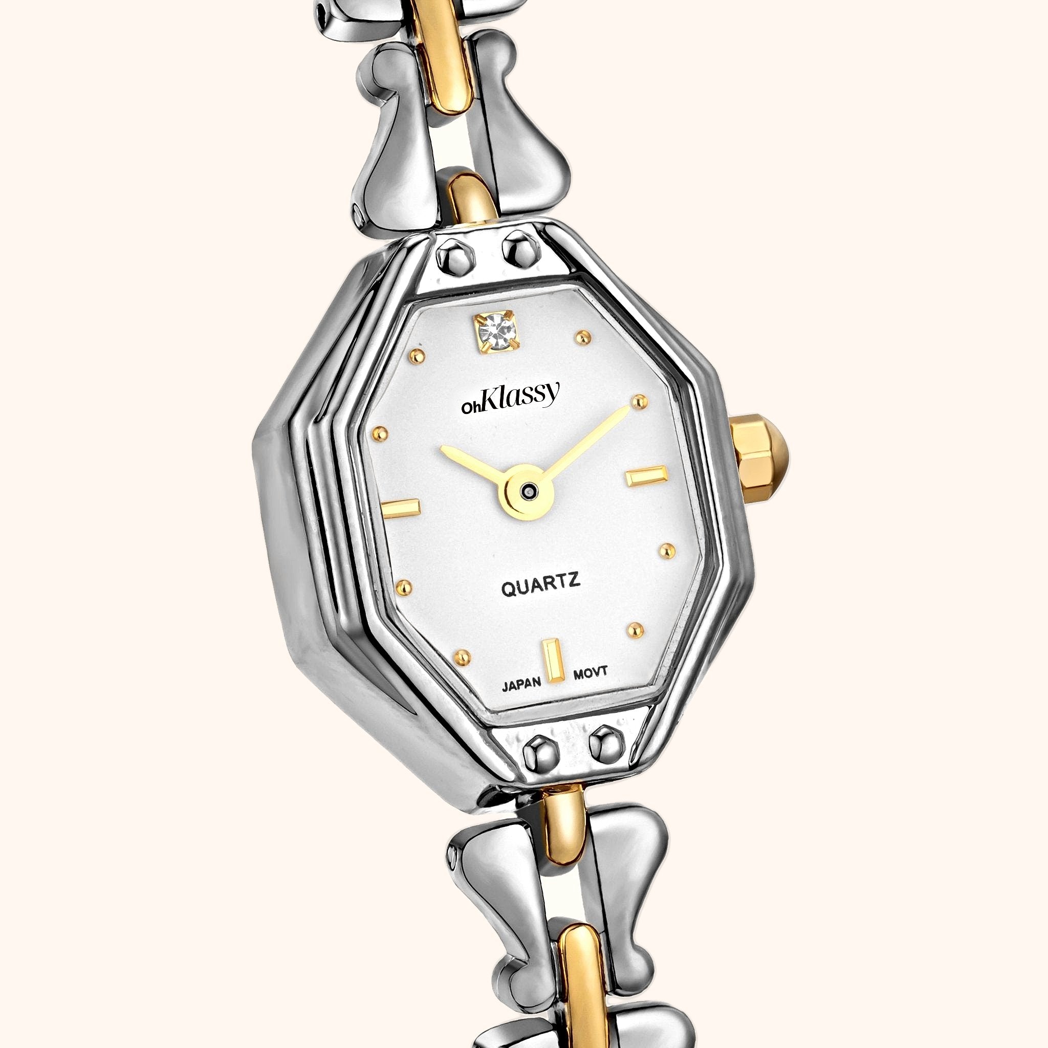 OhKlassy Celeste Two-Tone women's vintage-inspired watch, dial close-up