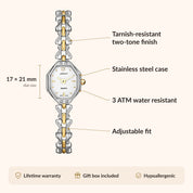 OhKlassy Celeste Two-Tone women's vintage-inspired watch, size and features infographic