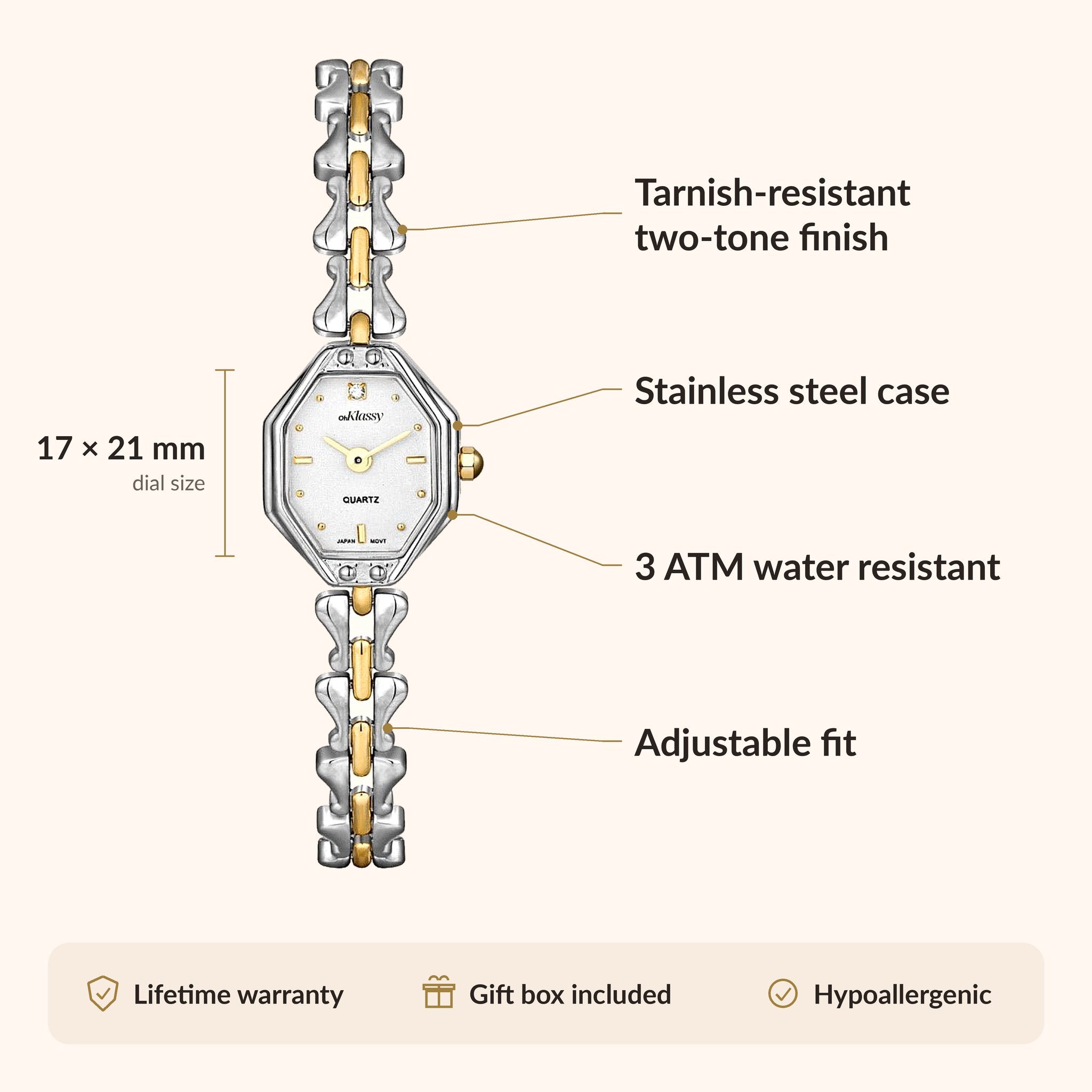 OhKlassy Celeste Two-Tone women's vintage-inspired watch, size and features infographic