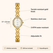 OhKlassy Celeste witgouden dameshorloge in vintage-stijl: infographic met afmetingen en kenmerken