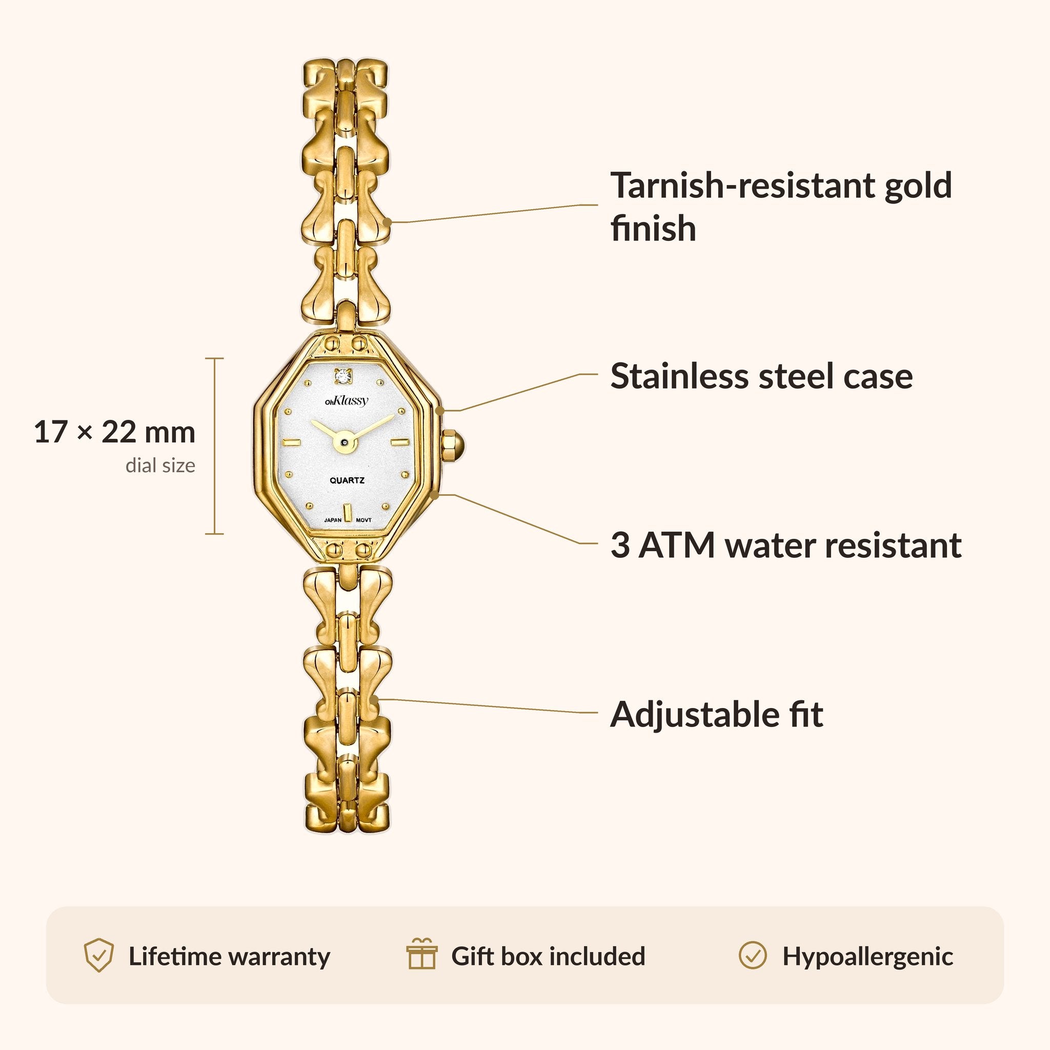 OhKlassy Celeste witgouden dameshorloge in vintage-stijl: infographic met afmetingen en kenmerken