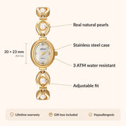 Orologio da donna OhKlassy Celina Gold in stile vintage: infografica su dimensioni e caratteristiche