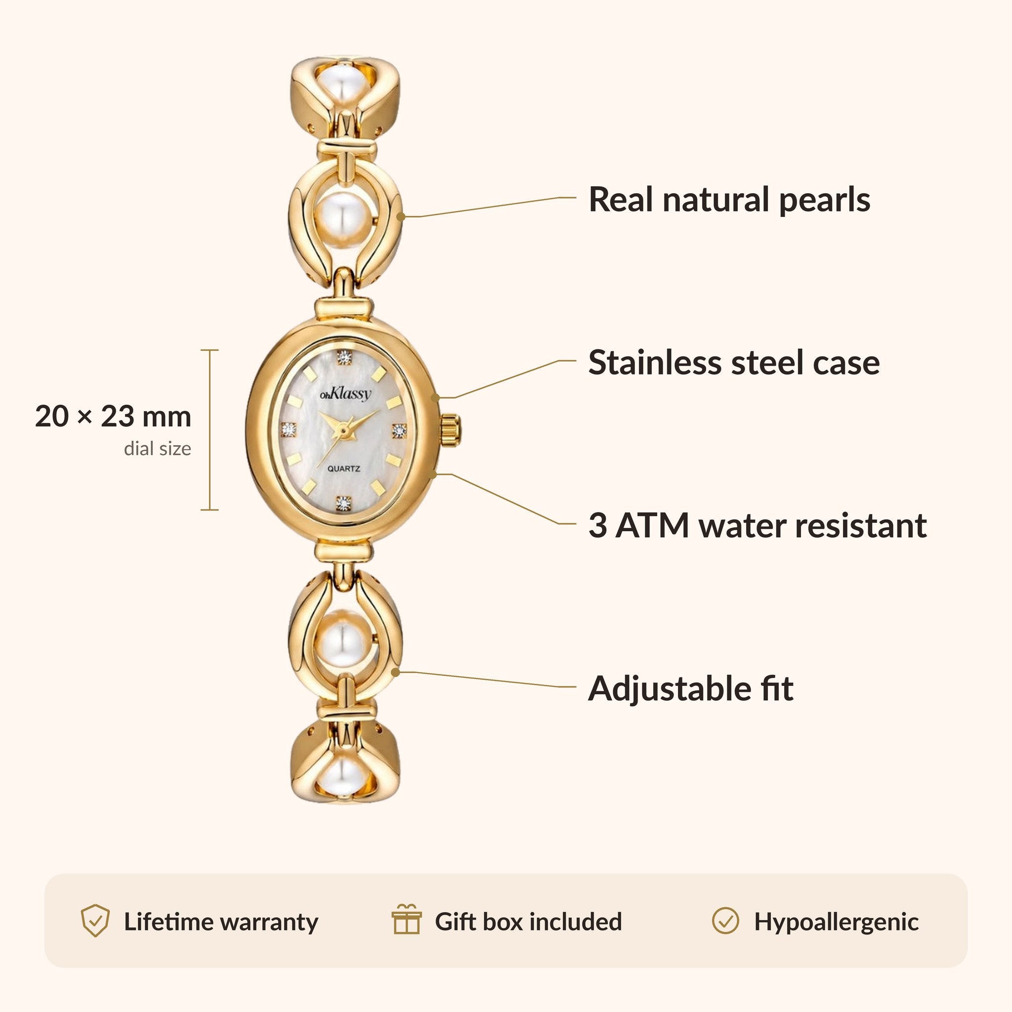 Orologio da donna OhKlassy Celina Gold in stile vintage: infografica su dimensioni e caratteristiche