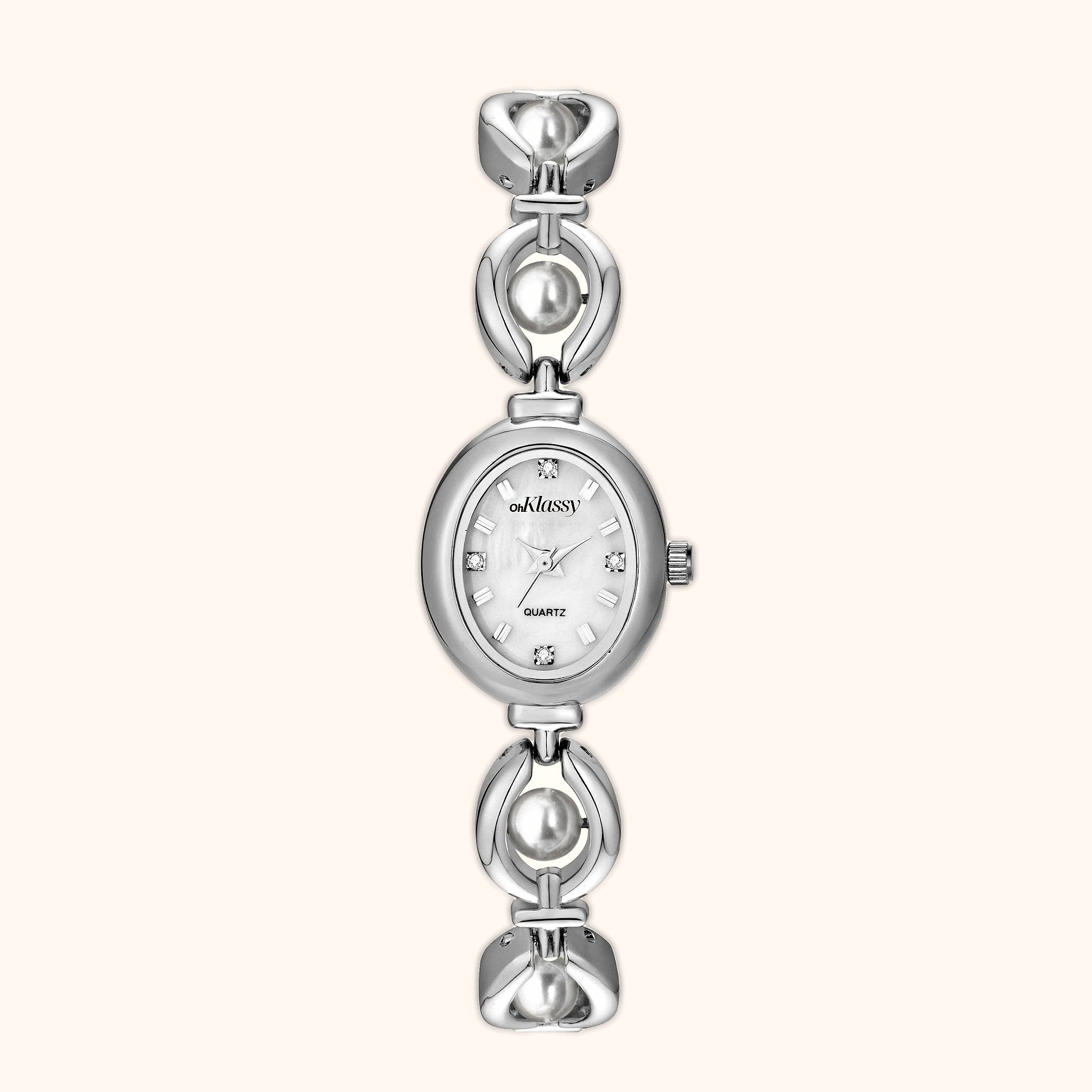 OhKlassy Celina Silver women's vintage-inspired watch, front view