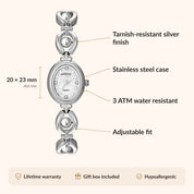 Montre pour femme OhKlassy Celina Silver d'inspiration vintage : infographie sur les dimensions et les caractéristiques