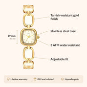 OhKlassy Colette Gold women's vintage-inspired watch, size and features infographic