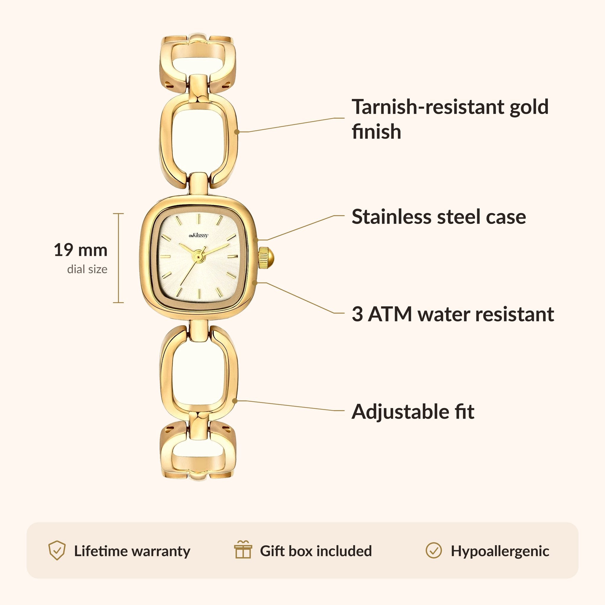 OhKlassy Colette Gold women's vintage-inspired watch, size and features infographic