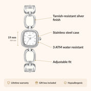 OhKlassy Colette Silver women's vintage-inspired watch, size and features infographic