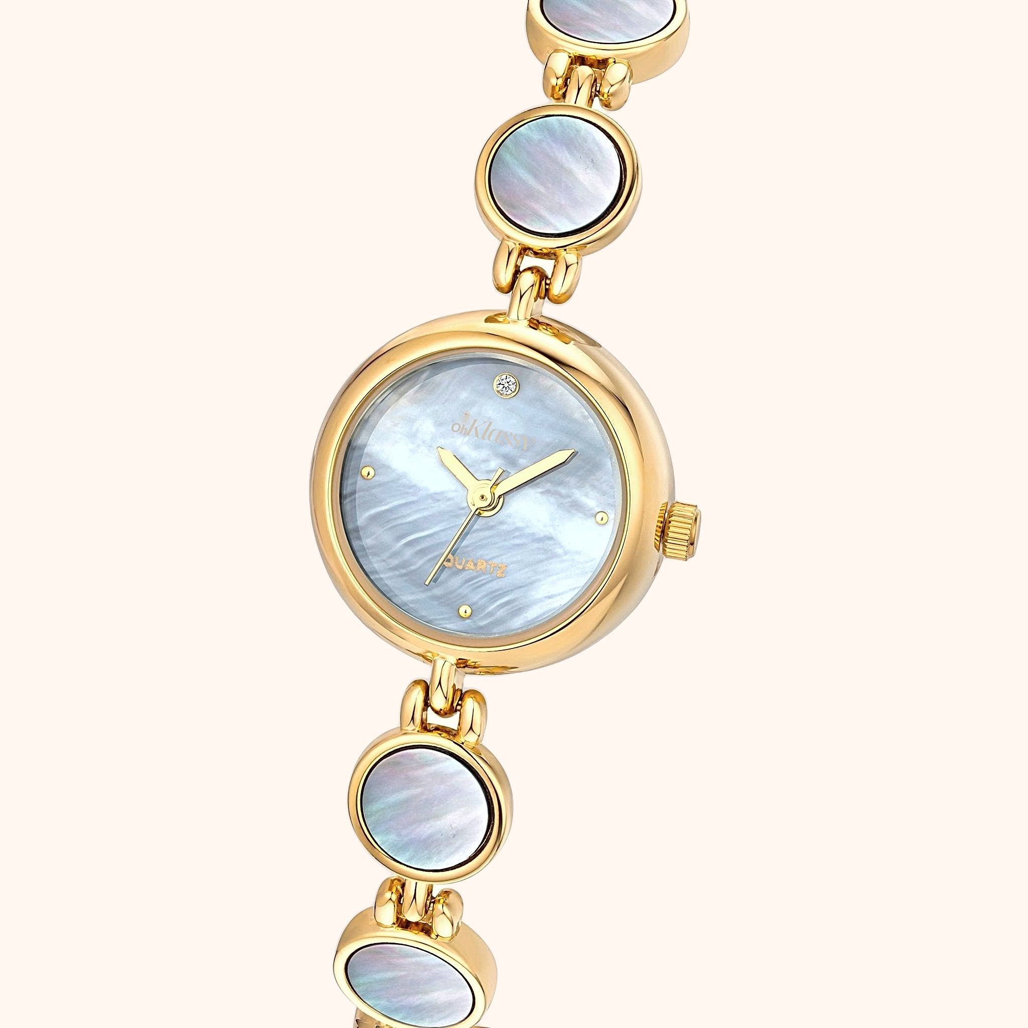 OhKlassy Coral Moon Gold women's vintage-inspired watch, dial close-up