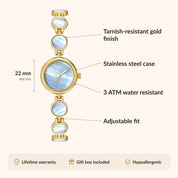 OhKlassy Coral Moon Gold women's vintage-inspired watch, size and features infographic