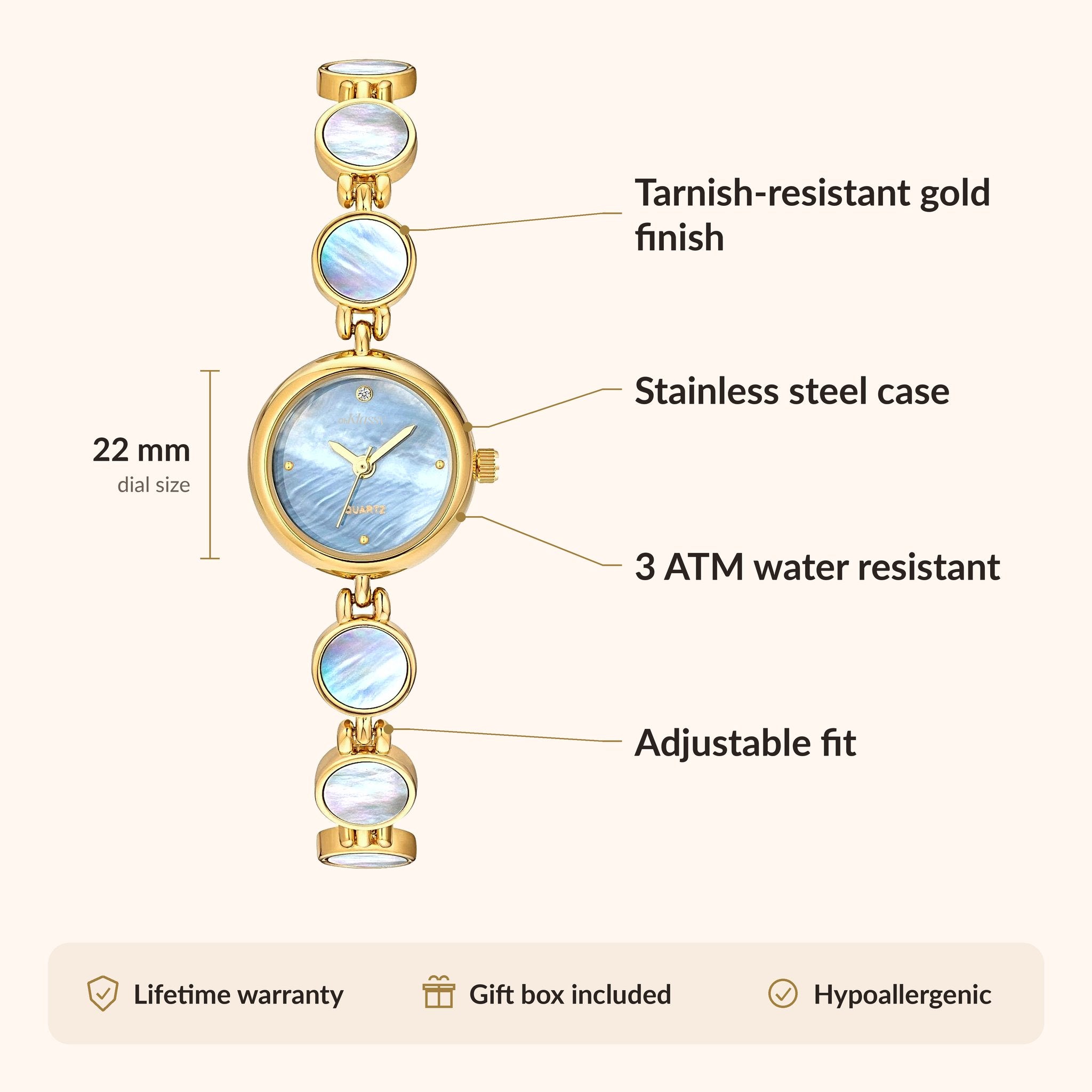 OhKlassy Coral Moon Gold women's vintage-inspired watch, size and features infographic