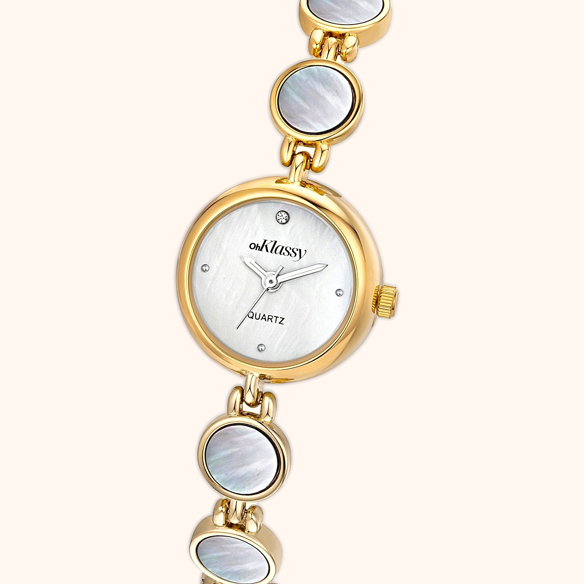 OhKlassy Coral Pearl Gold Damenuhr im Vintage-Stil, Nahaufnahme des Zifferblatts