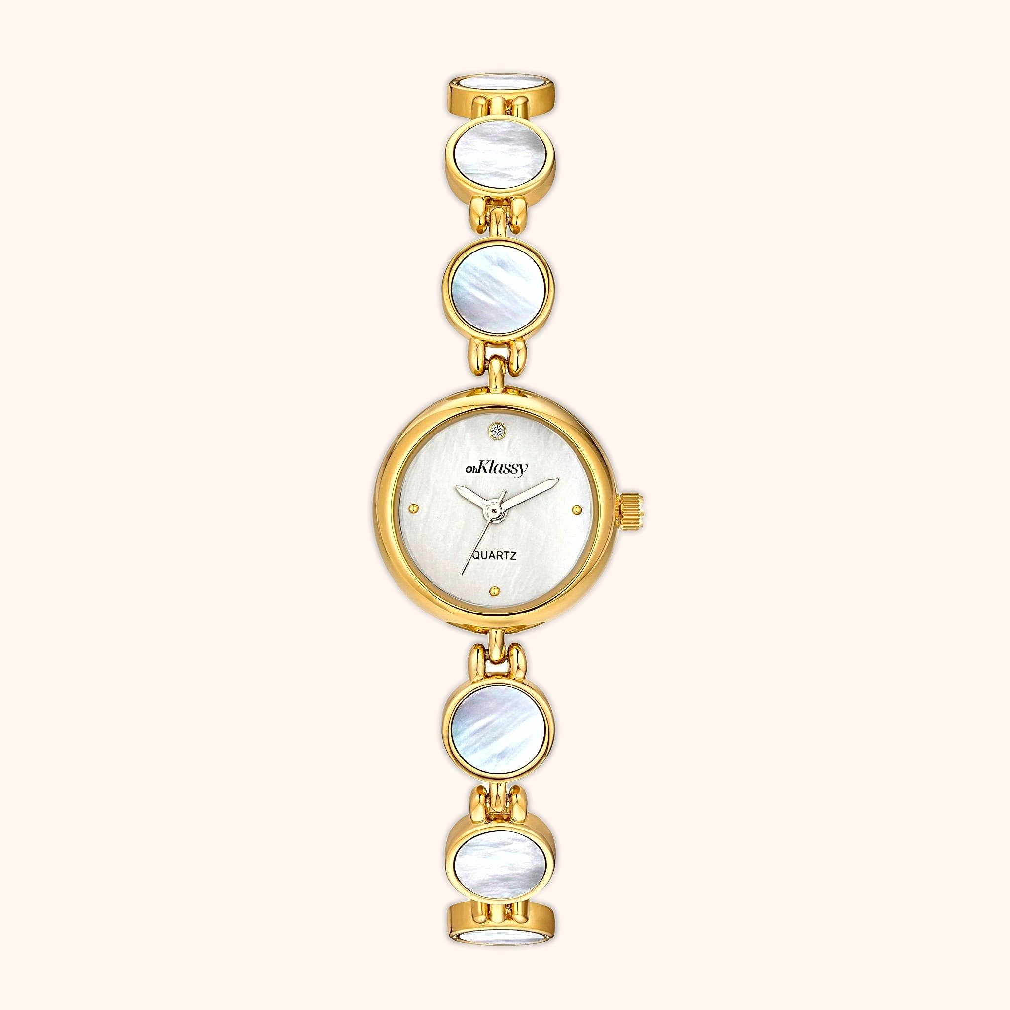 OhKlassy Coral Pearl Gold women's vintage-inspired watch, front view