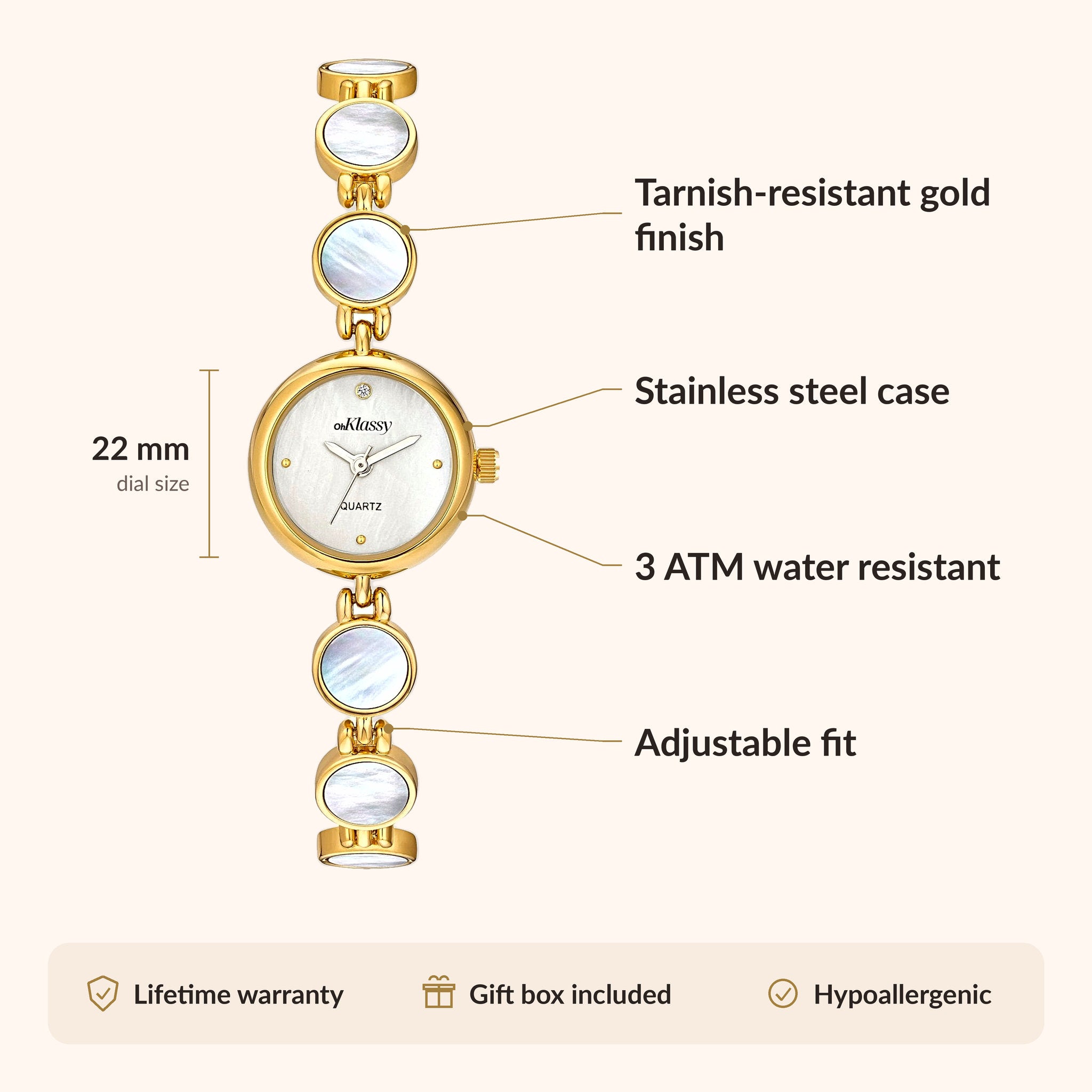 OhKlassy Coral Pearl Gold – Vintage-inspirierte Damenuhr: Infografik zu Größe und Funktionen
