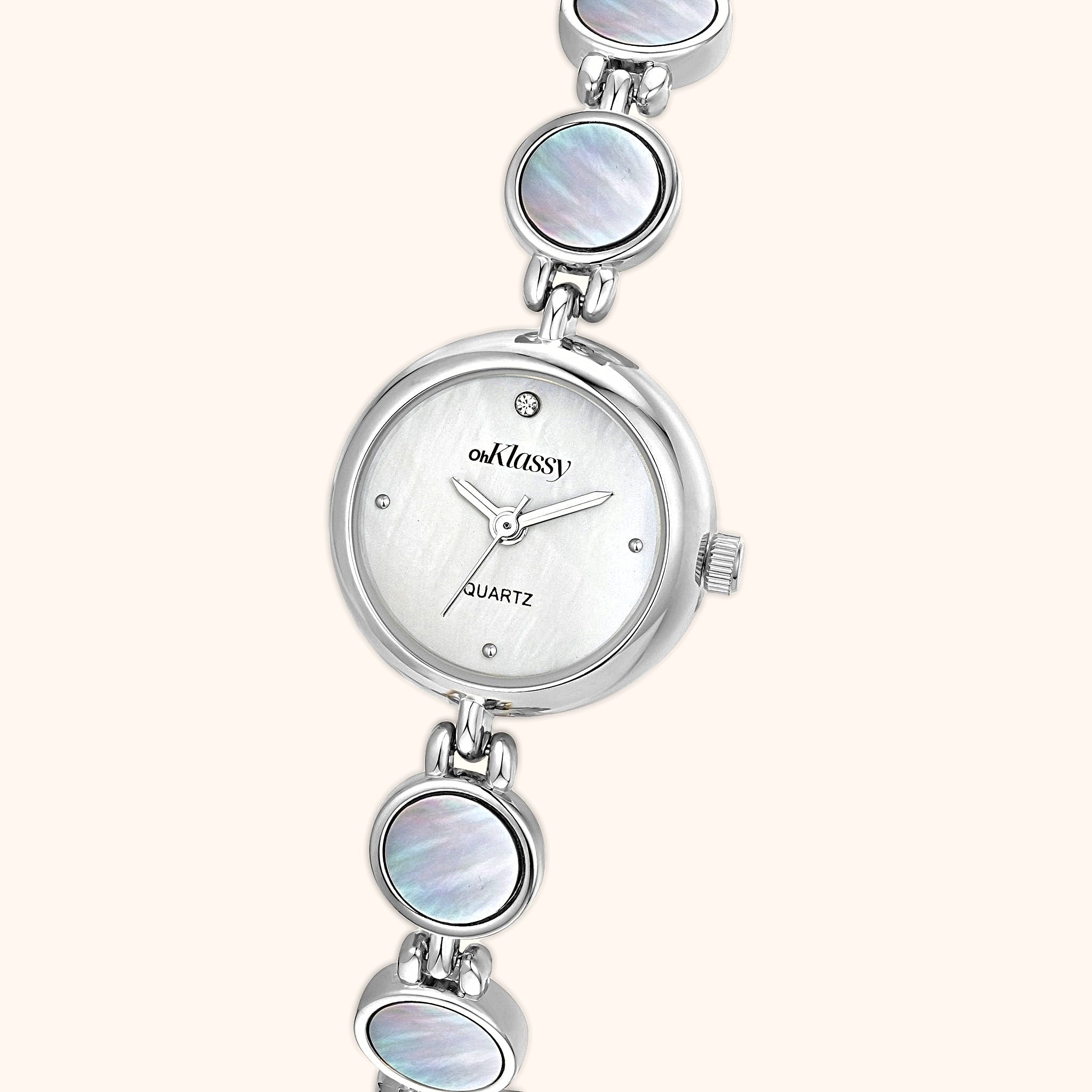OhKlassy Coral Pearl Silver – Vintage-inspirierte Damenuhr, Nahaufnahme des Zifferblatts