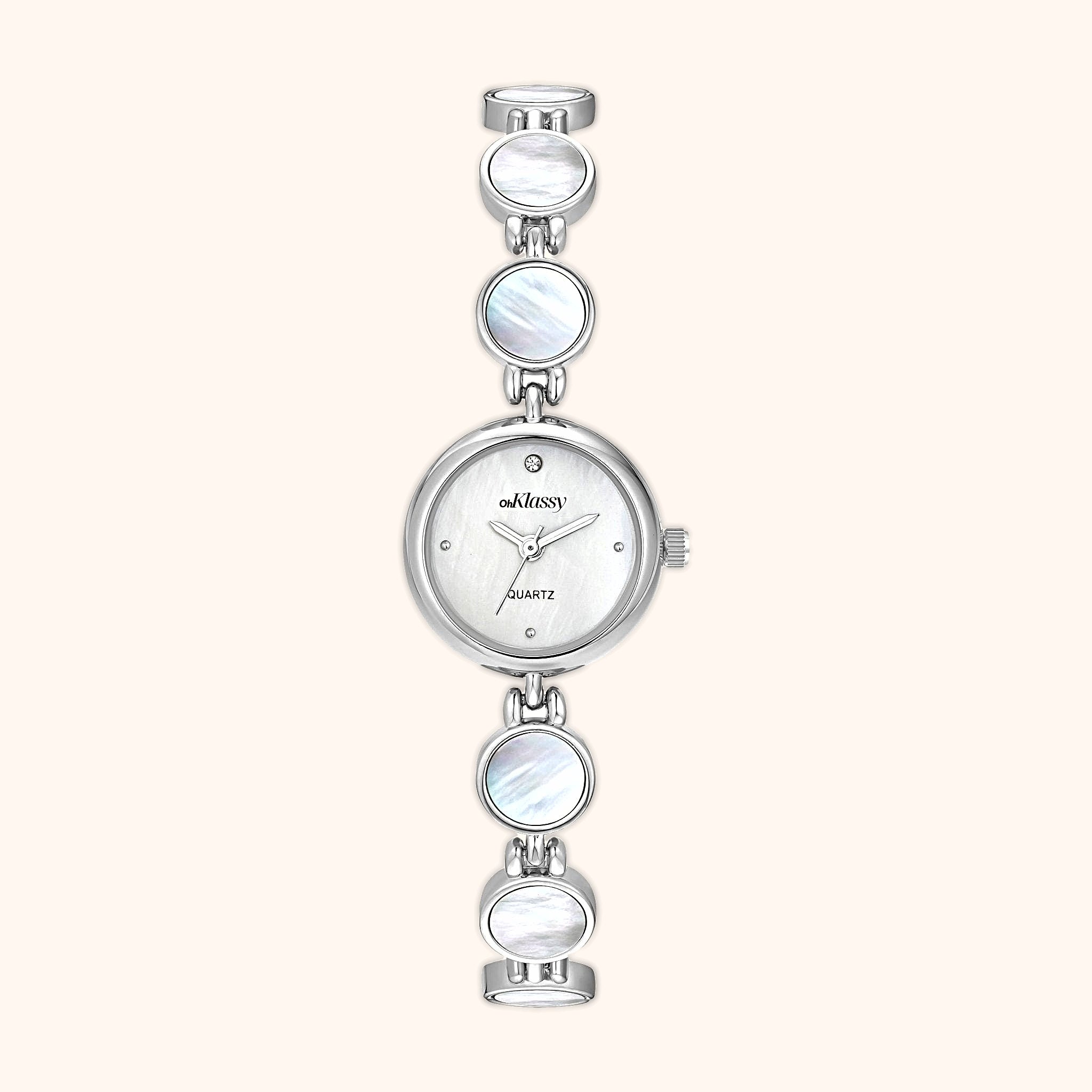 OhKlassy Coral Pearl Silver women's vintage-inspired watch, front view