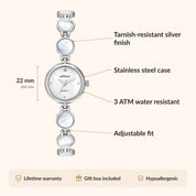 OhKlassy Coral Pearl Silver – Vintage-inspirierte Damenuhr: Infografik zu Größe und Funktionen