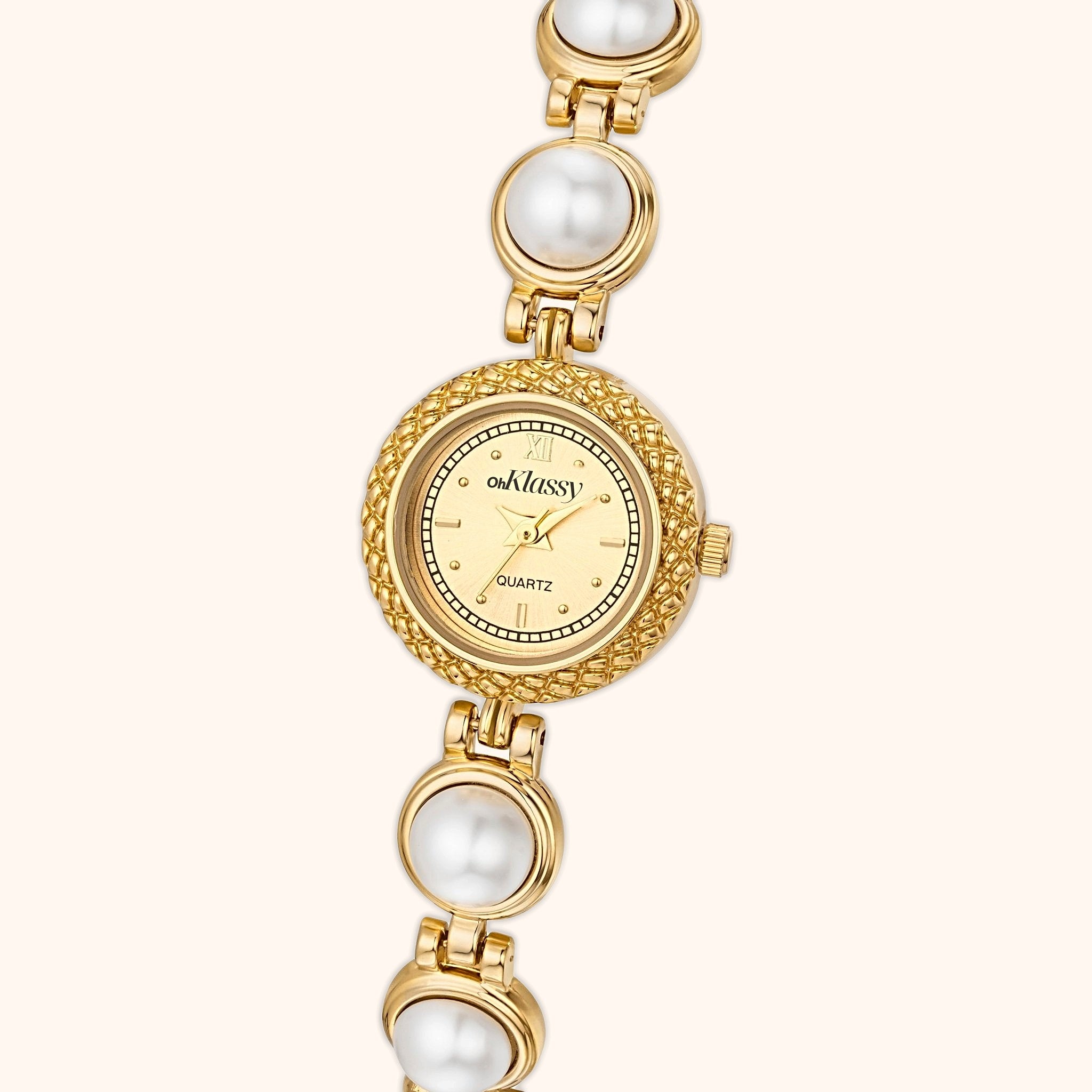 OhKlassy Dahlia Gold women's vintage-inspired watch, dial close-up