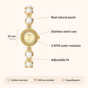 OhKlassy Dahlia Gold women's vintage-inspired watch, size and features infographic
