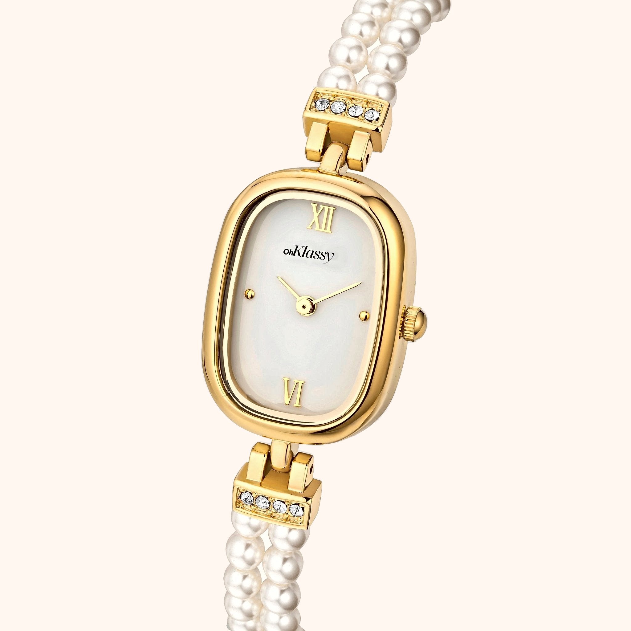 OhKlassy Davina Pearl Gold vintage-geïnspireerd dameshorloge, schuin zijaanzicht