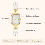 OhKlassy Davina Pearl Gold: vintage-geïnspireerd dameshorloge – infographic met afmetingen en kenmerken