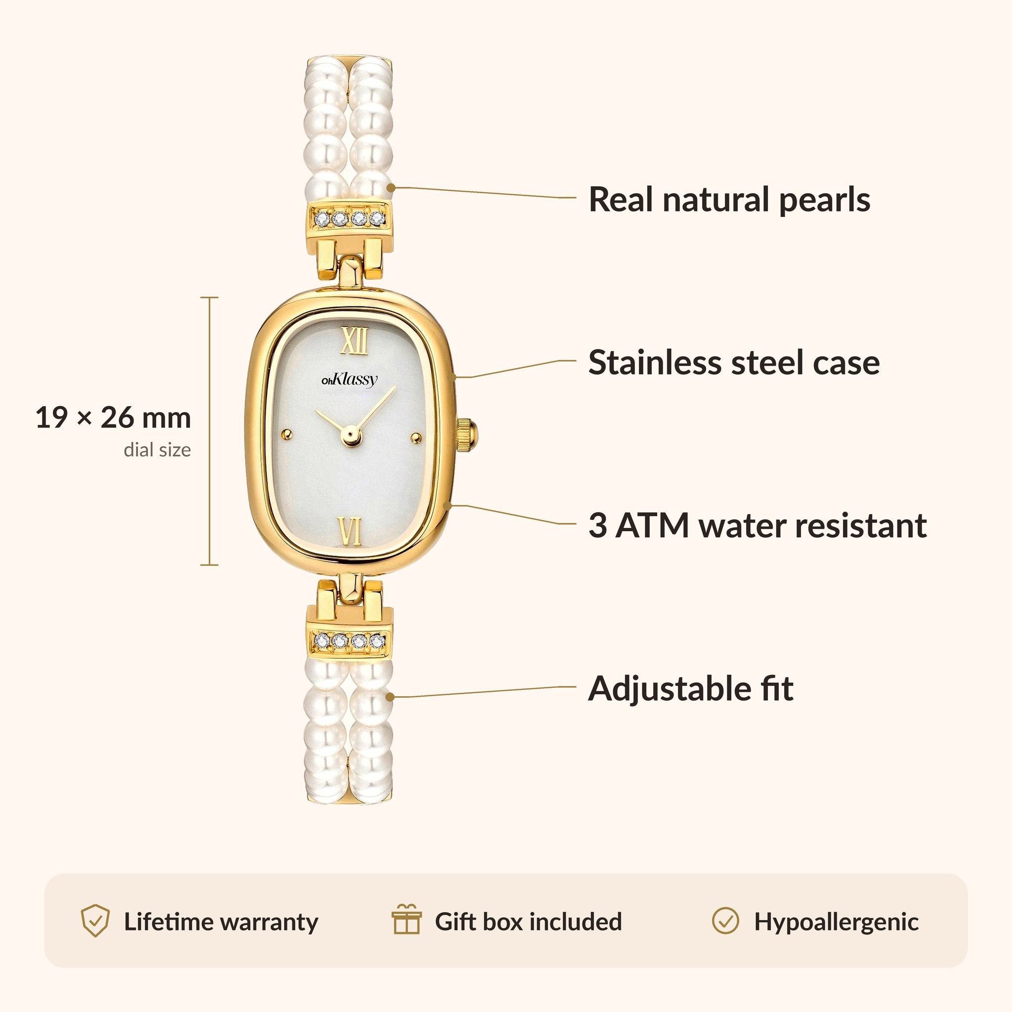OhKlassy Davina Pearl Gold: vintage-geïnspireerd dameshorloge – infographic met afmetingen en kenmerken