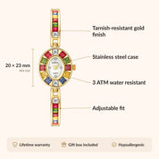 OhKlassy Delphine Gold women's vintage-inspired watch, size and features infographic