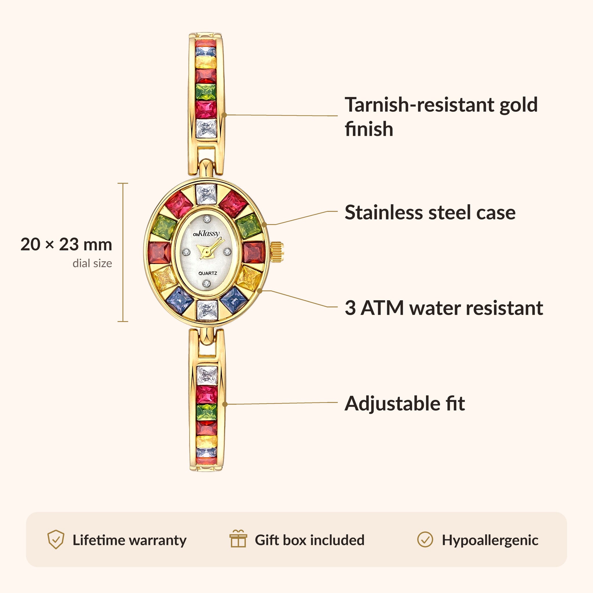OhKlassy Delphine Gold women's vintage-inspired watch, size and features infographic