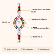 OhKlassy Delphine Silver women's vintage-inspired watch, size and features infographic