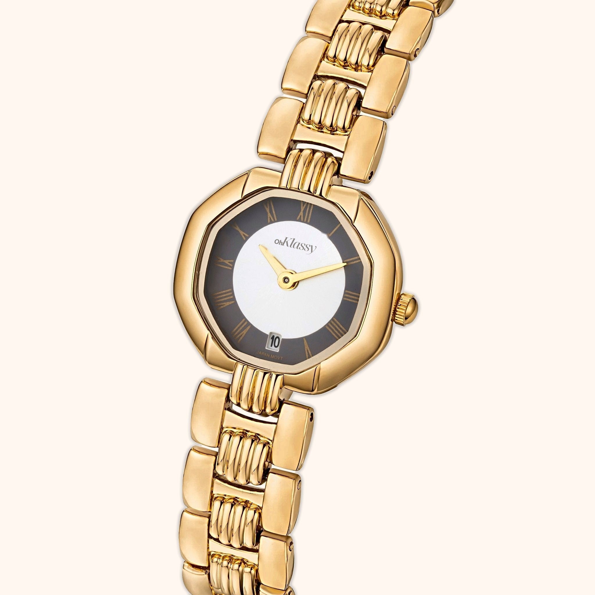 OhKlassy Diana Gold women's vintage-inspired watch, angled side view