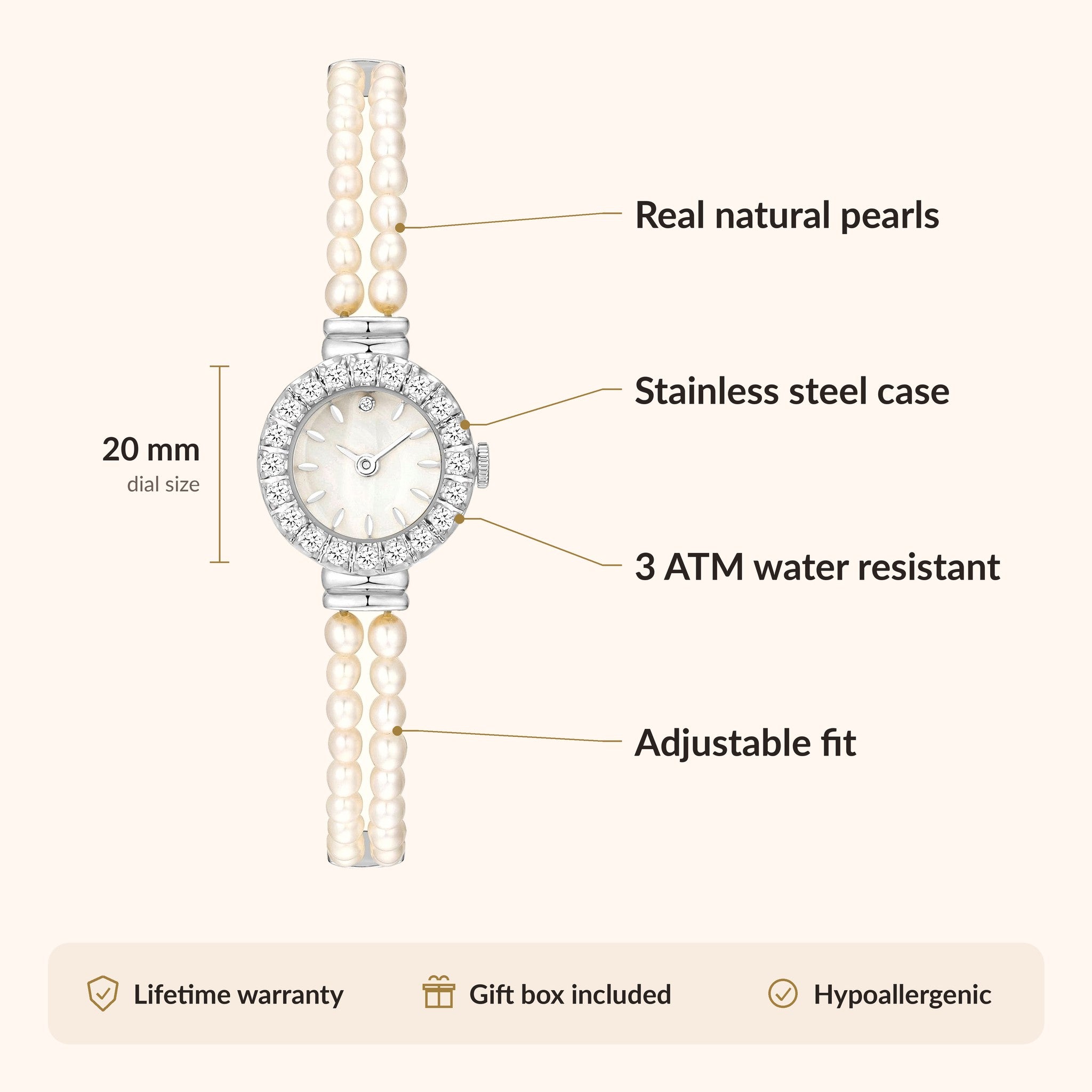 OhKlassy Elina Silver women's vintage-inspired watch, size and features infographic