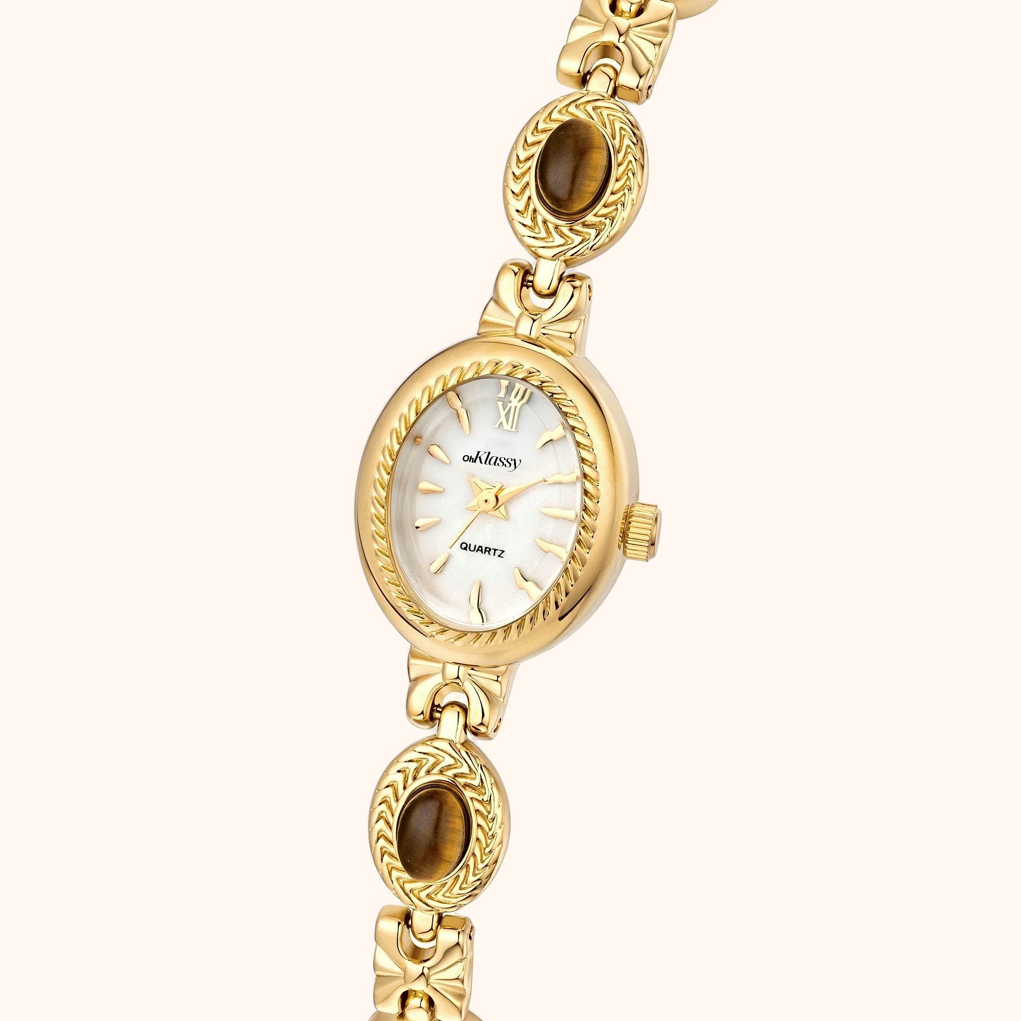 OhKlassy Eloise Gold White women's vintage-inspired watch, dial close-up