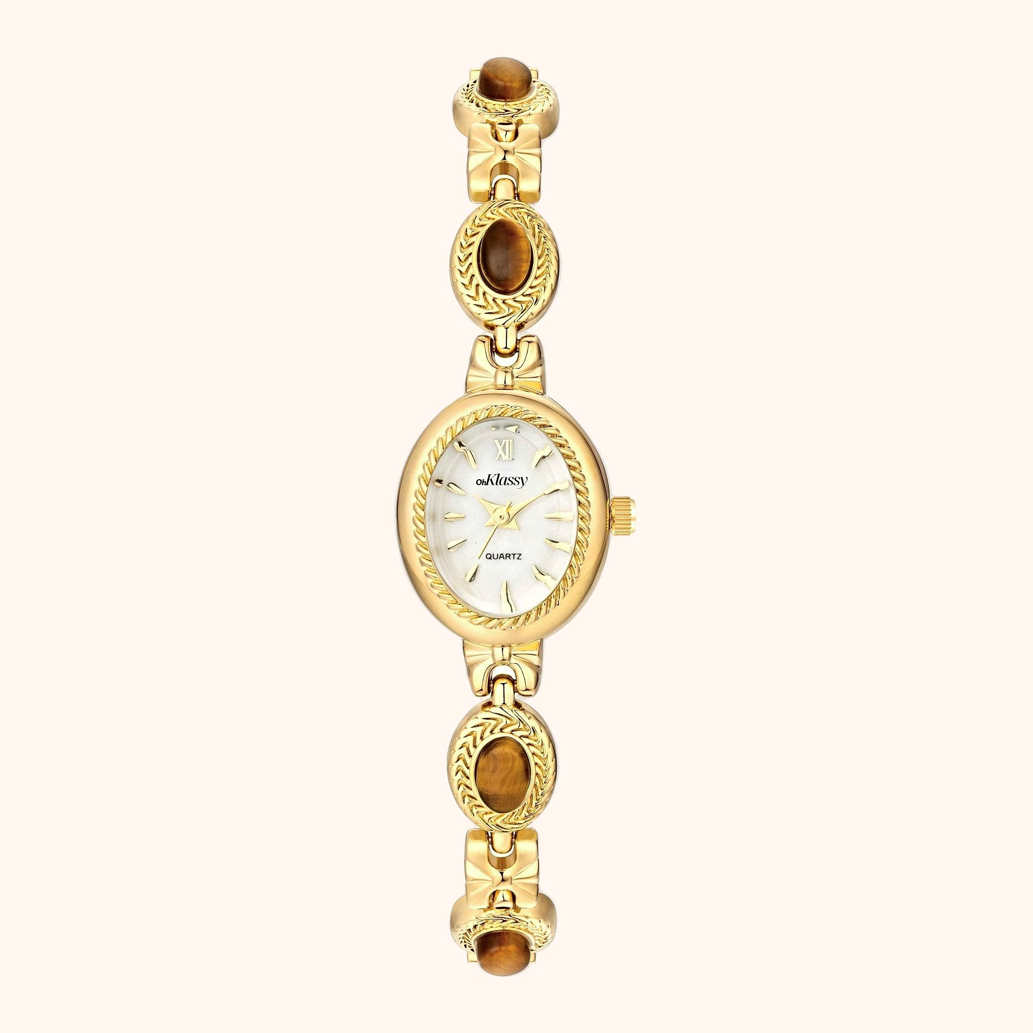 OhKlassy Eloise Gold White women's vintage-inspired watch, front view