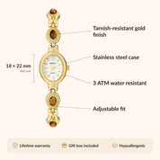 OhKlassy Eloise Gold White women's vintage-inspired watch, size and features infographic