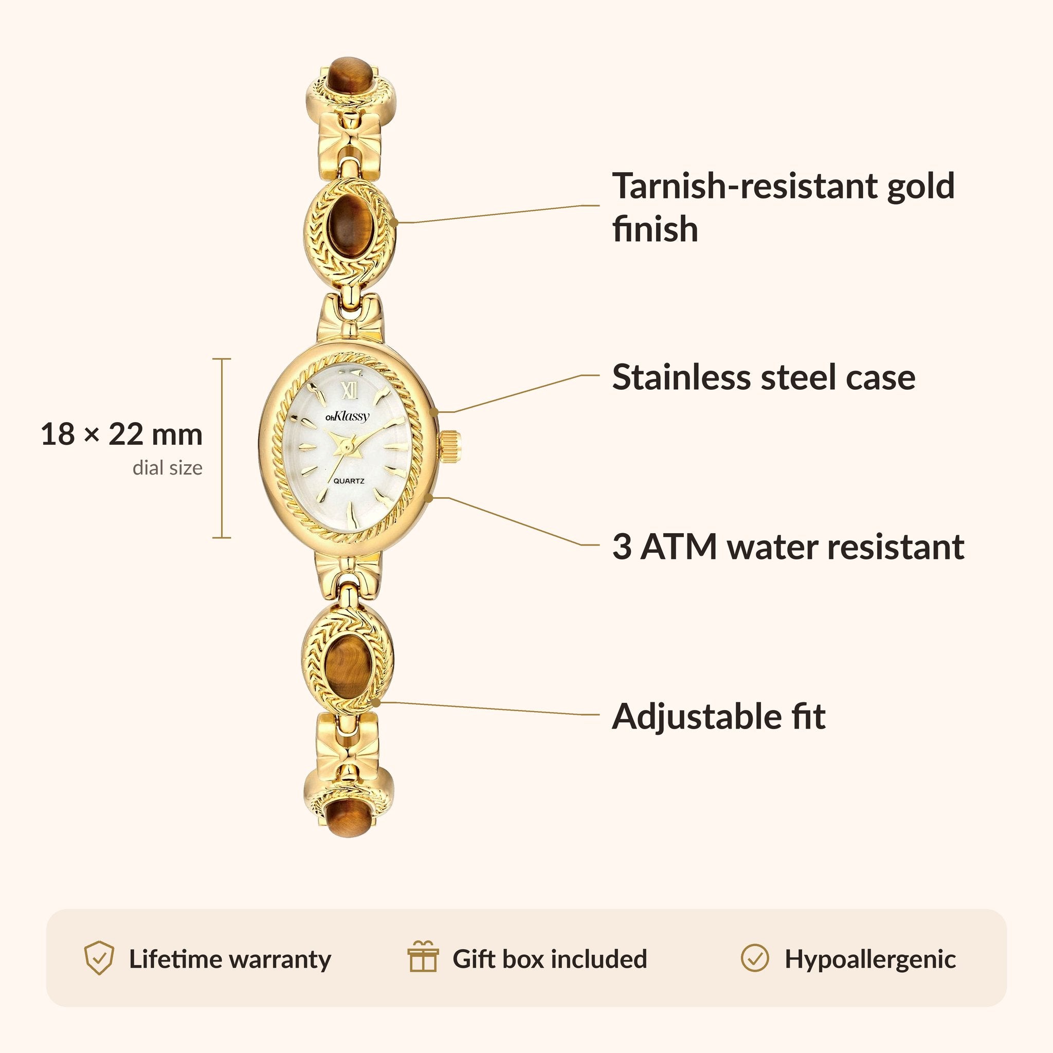 OhKlassy Eloise Gold White women's vintage-inspired watch, size and features infographic