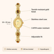 OhKlassy Eloise Gold women's vintage-inspired watch, size and features infographic
