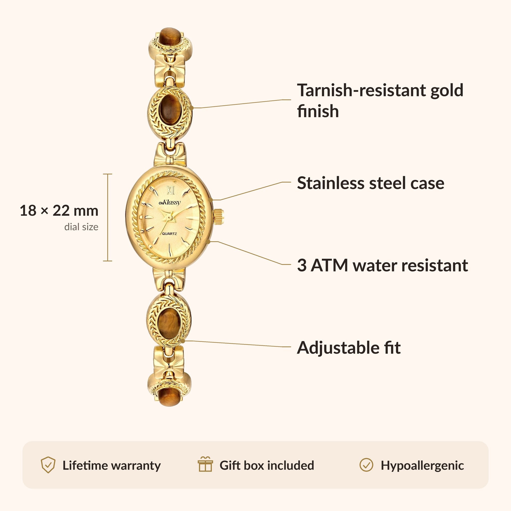 OhKlassy Eloise Gold women's vintage-inspired watch, size and features infographic
