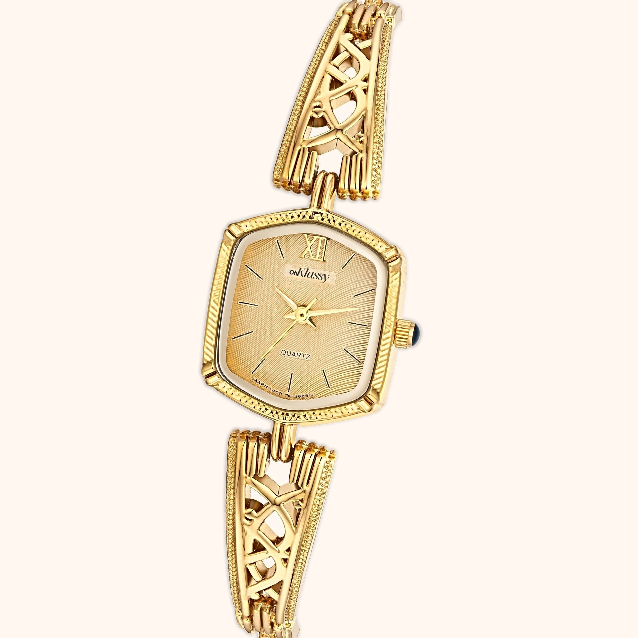 OhKlassy Elora Gold women's vintage-inspired watch, dial close-up