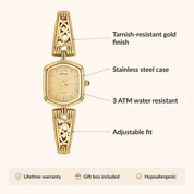 OhKlassy Elora Gold women's vintage-inspired watch, size and features infographic