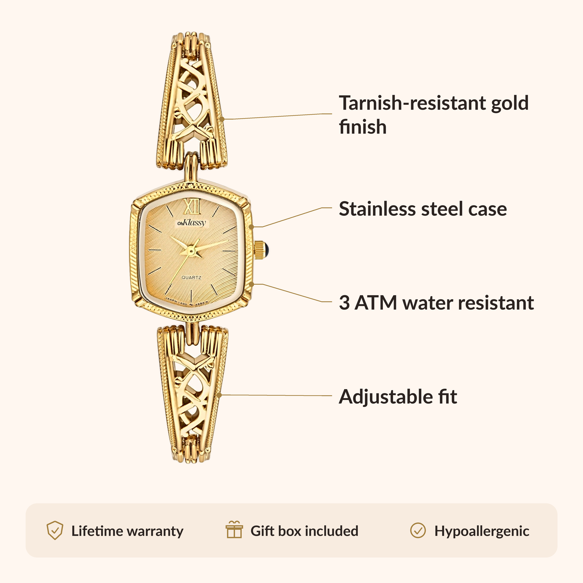 OhKlassy Elora Gold women's vintage-inspired watch, size and features infographic