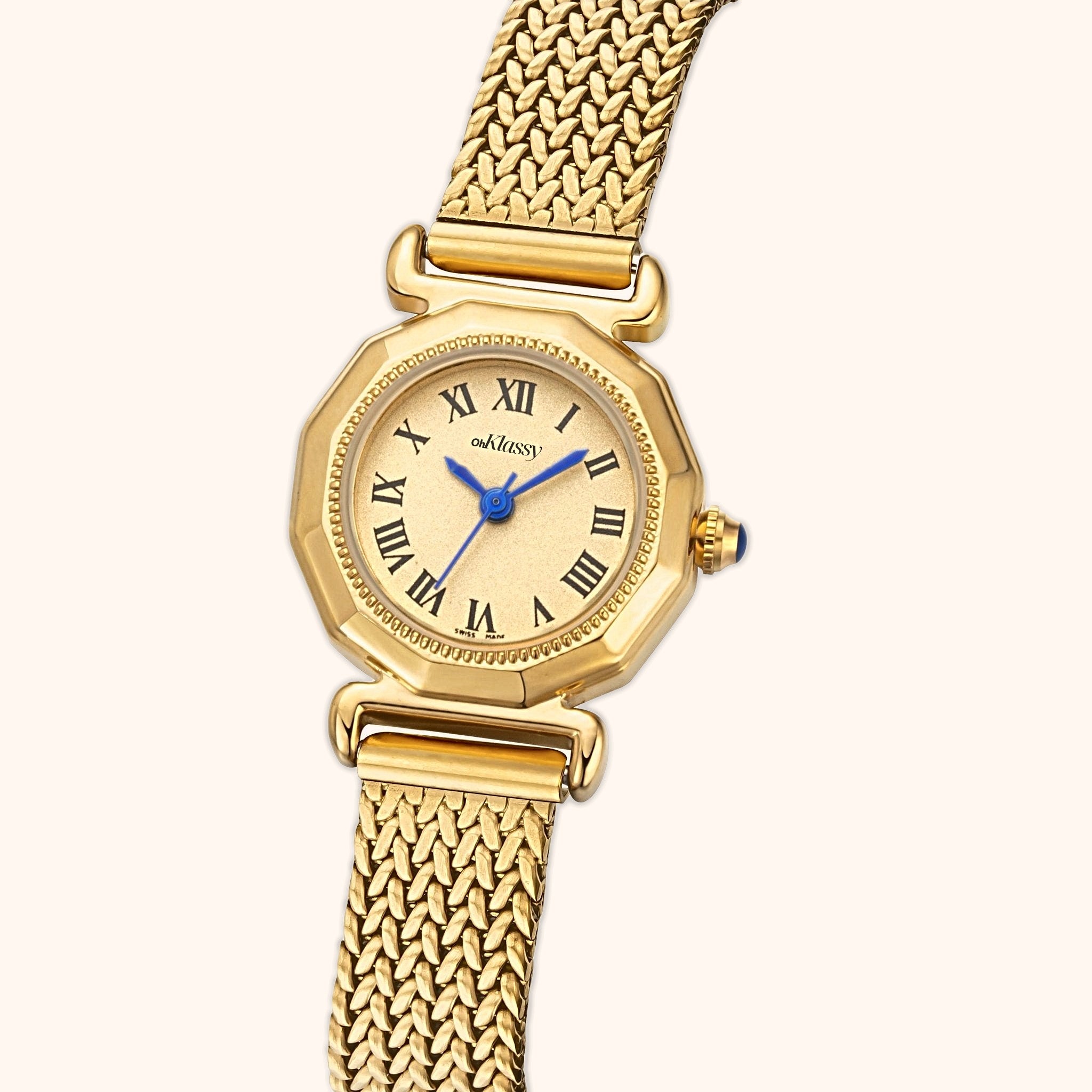 OhKlassy Emelia Gold women's vintage-inspired watch, angled side view
