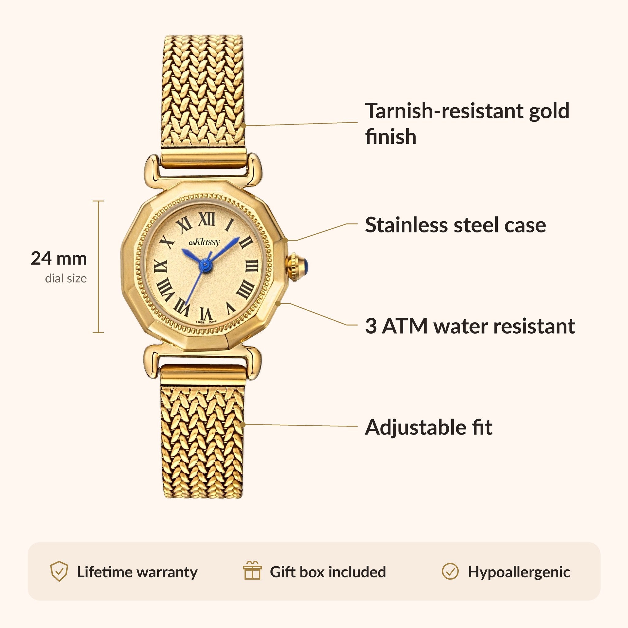 OhKlassy Emelia Gold women's vintage-inspired watch, size and features infographic