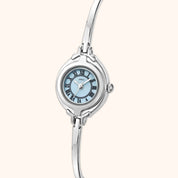 OhKlassy Emma Blue Silver women's vintage-inspired watch, angled side view
