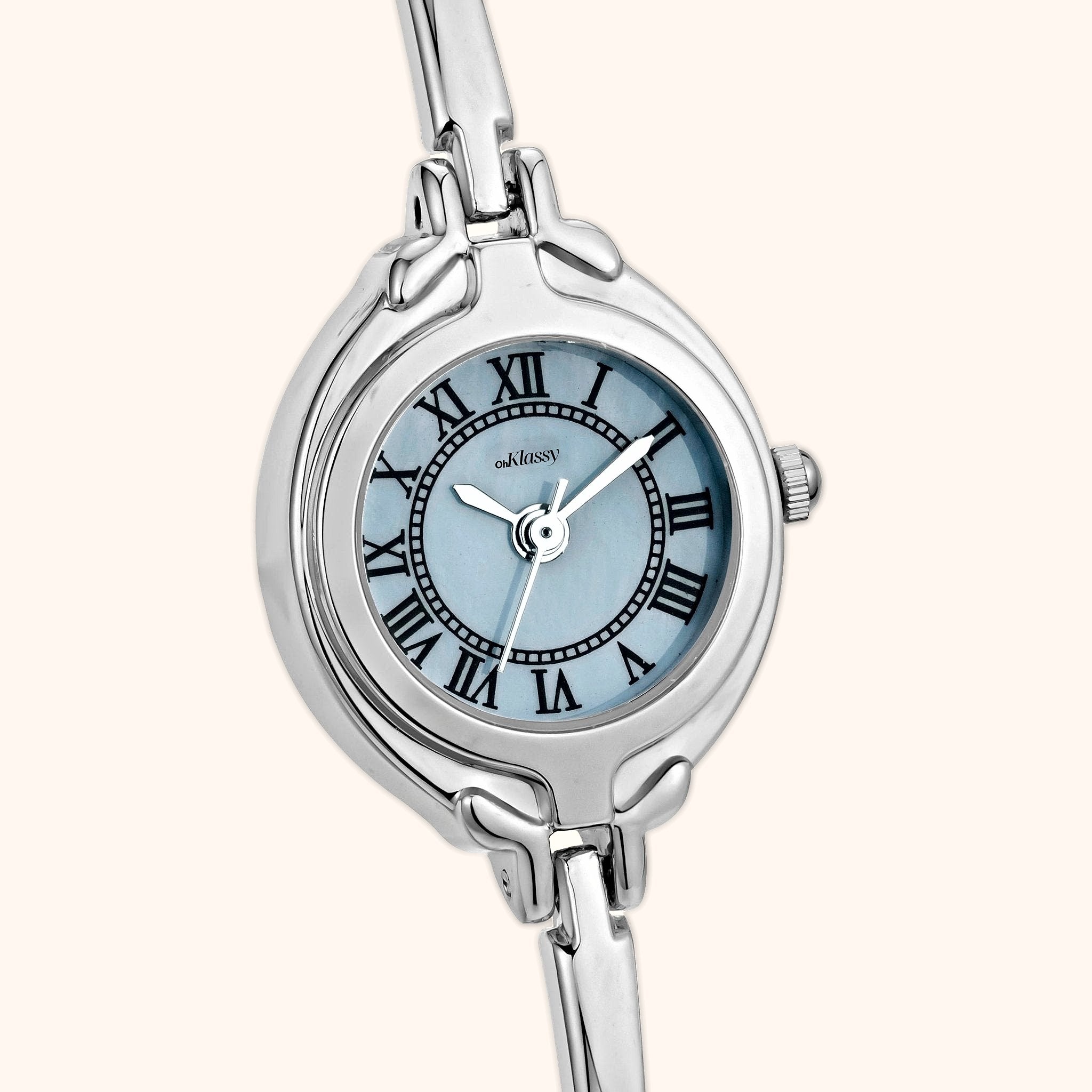 OhKlassy Emma Blue Silver women's vintage-inspired watch, dial close-up