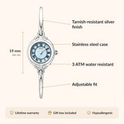 OhKlassy Emma Blue Silver women's vintage-inspired watch, size and features infographic